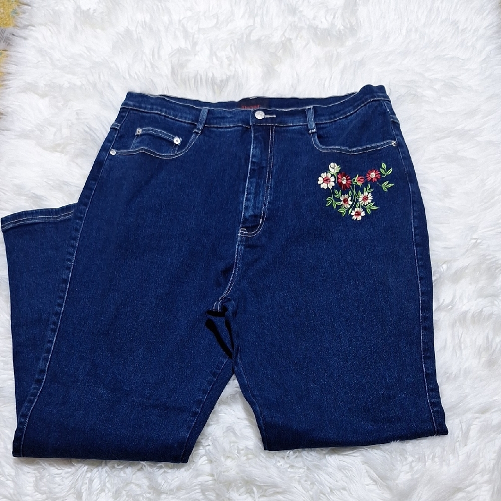 Denim&Co Dark Blue Floral Embroidered Jeans